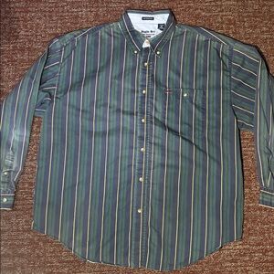 Vintage Bugle Boy green striped long sleeve button down collared shirt mens XXL